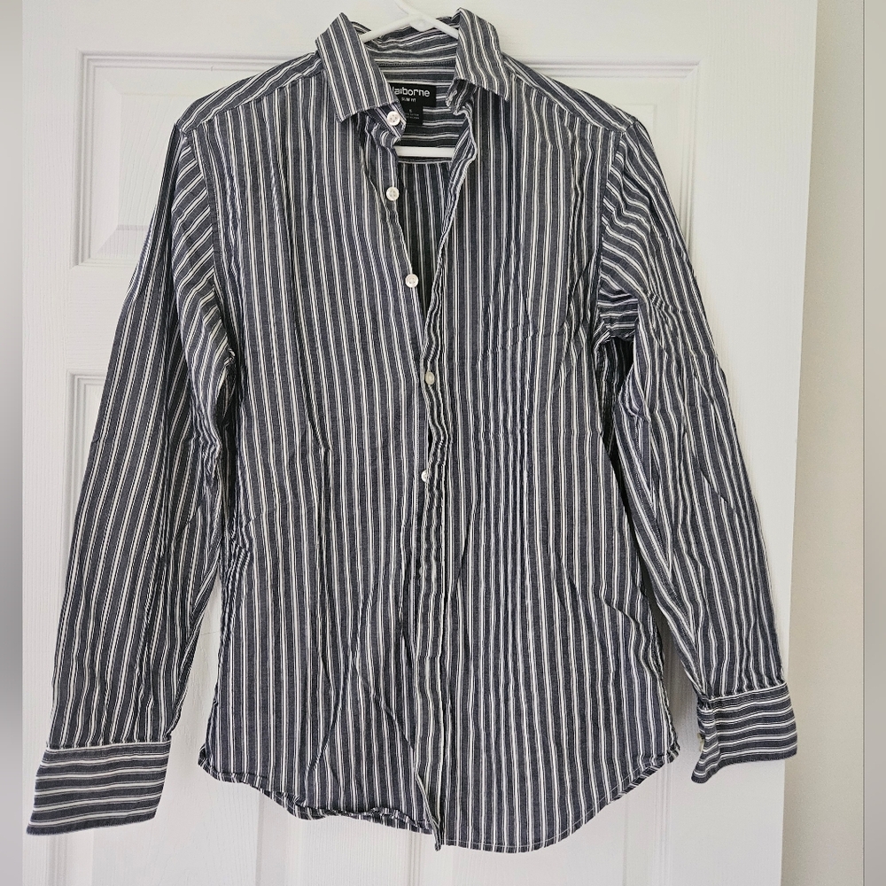 Claiborne Men's Black and White Striped Shirt